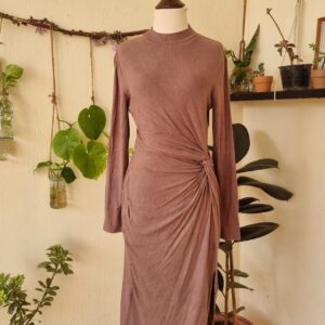 shein dark brown side knot ruched long sleeve dress
